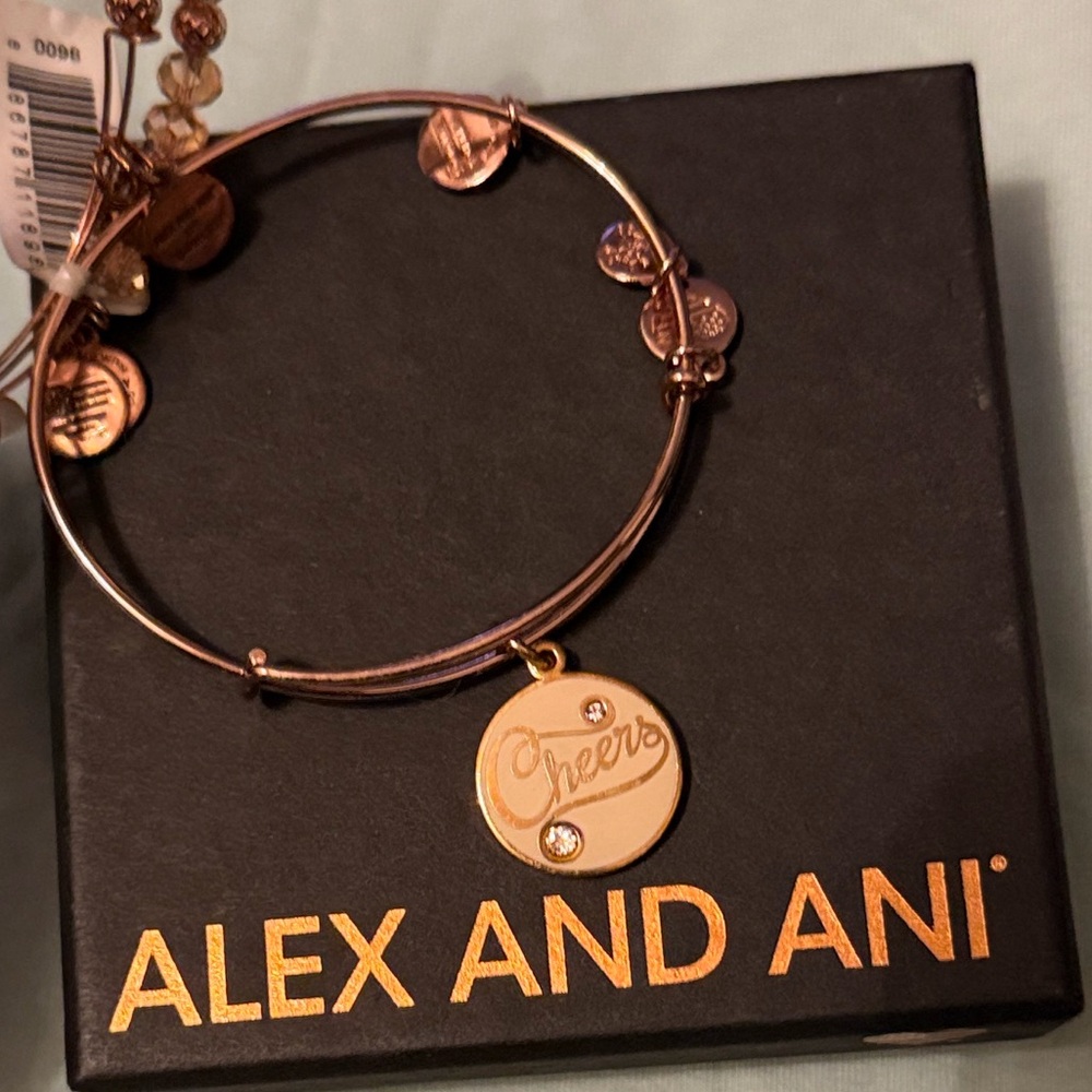 NEW SET Alex and Ani Cheers Charm Bracelet Rose Gold GIFT BOX CHAMPAGNE BEAD NWT - Picture 7 of 12